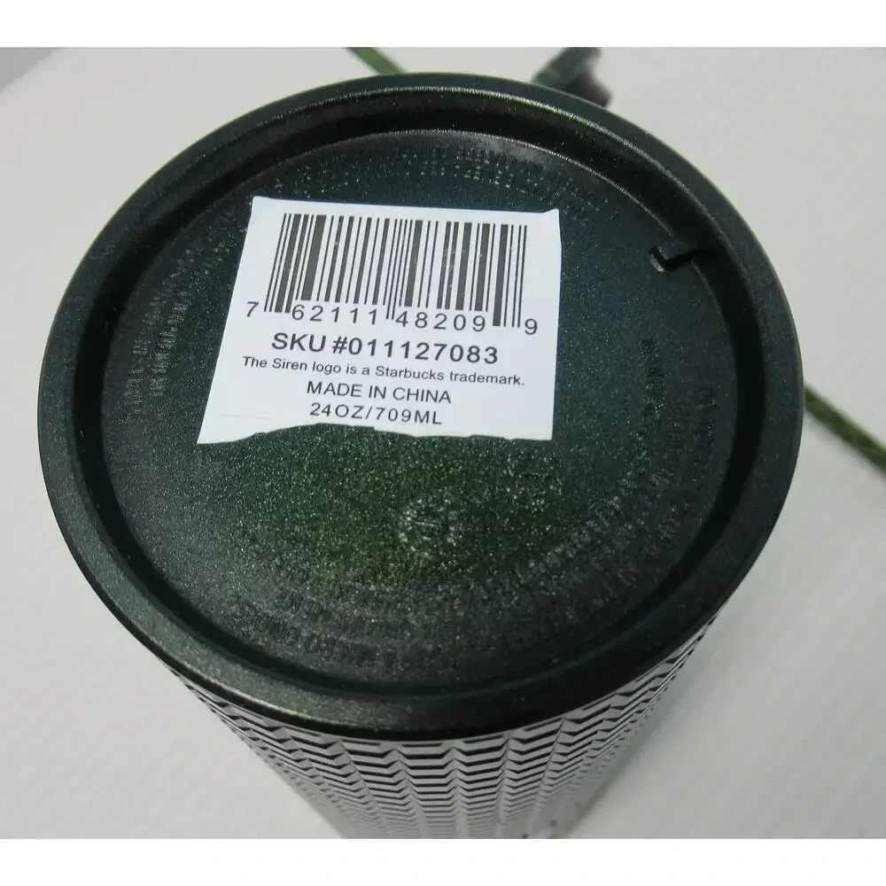 Starbucks Dark Green Metallic Shimmer Grid 24oz Venti Tumbler Cold Cup Straw NEW - Picture 2 of 3
